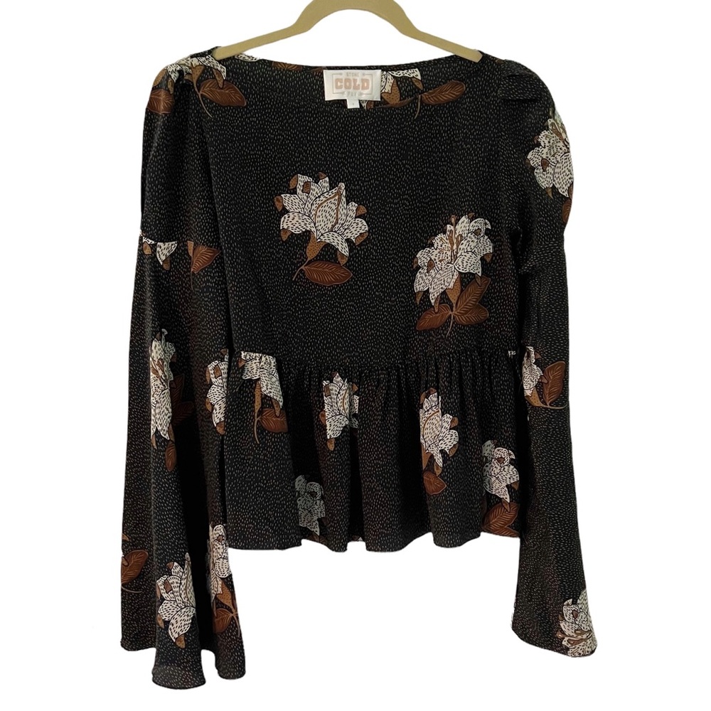 Stone Cold Fox Black Floral Peplum Blouse with Brown and White Flowers